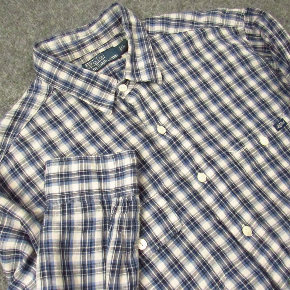 Polo‎ Ralph Lauren Shirt Mens Large Linen Blend Flap Pocket Blue Plaid Pockets